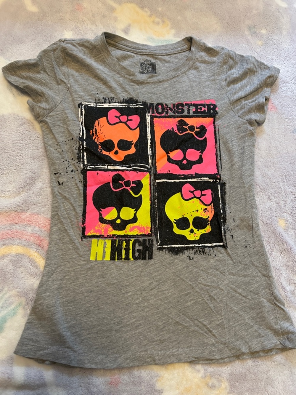 monster high Gray Tee with Neon Pink Orange and Yellow Skull Squares